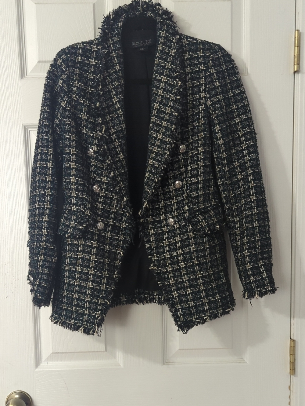 Rachel Zoe Green, Black and White Tweed Frayed-Trim Double-Breasted Blazer